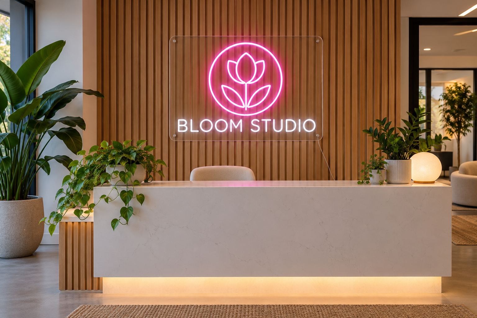 Office reception with a pink and white neon logo on an oak slat wall