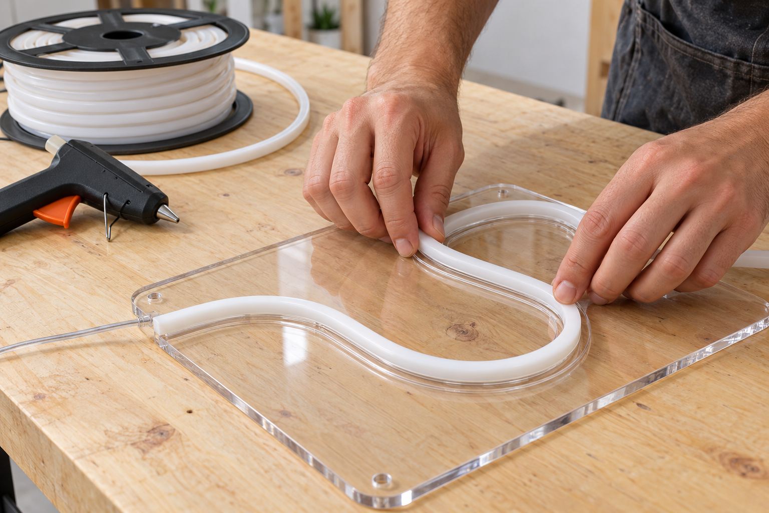 Hands pressing a flexible LED neon tube into a groove in a clear acrylic board