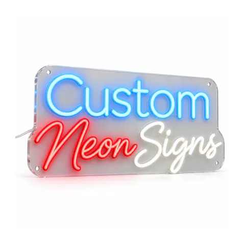 Custom LED neon sign, lit: “Custom” in ice-blue letters above “Neon Signs” in red and white script, on clear acrylic, on a white background