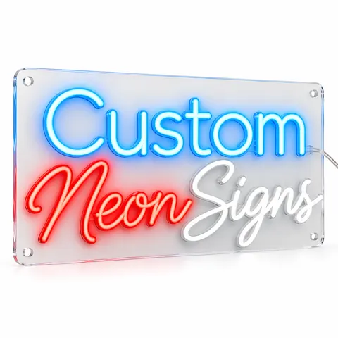 Custom LED neon sign, lit: “Custom” in ice-blue letters above “Neon Signs” in red and white script, on clear acrylic, on a white background