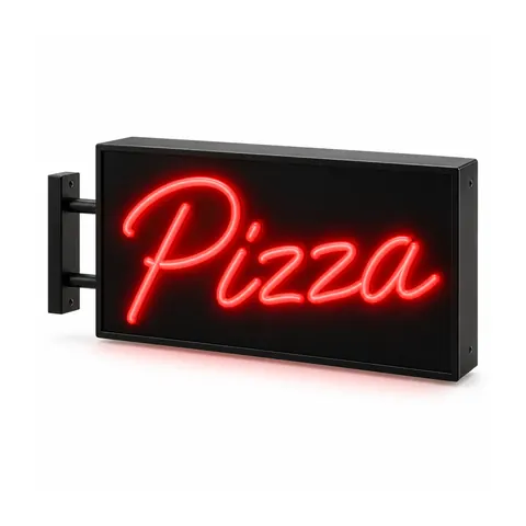Custom light box example: a black double-sided box with “Pizza” in red neon-style script, on a side wall bracket, on a white background