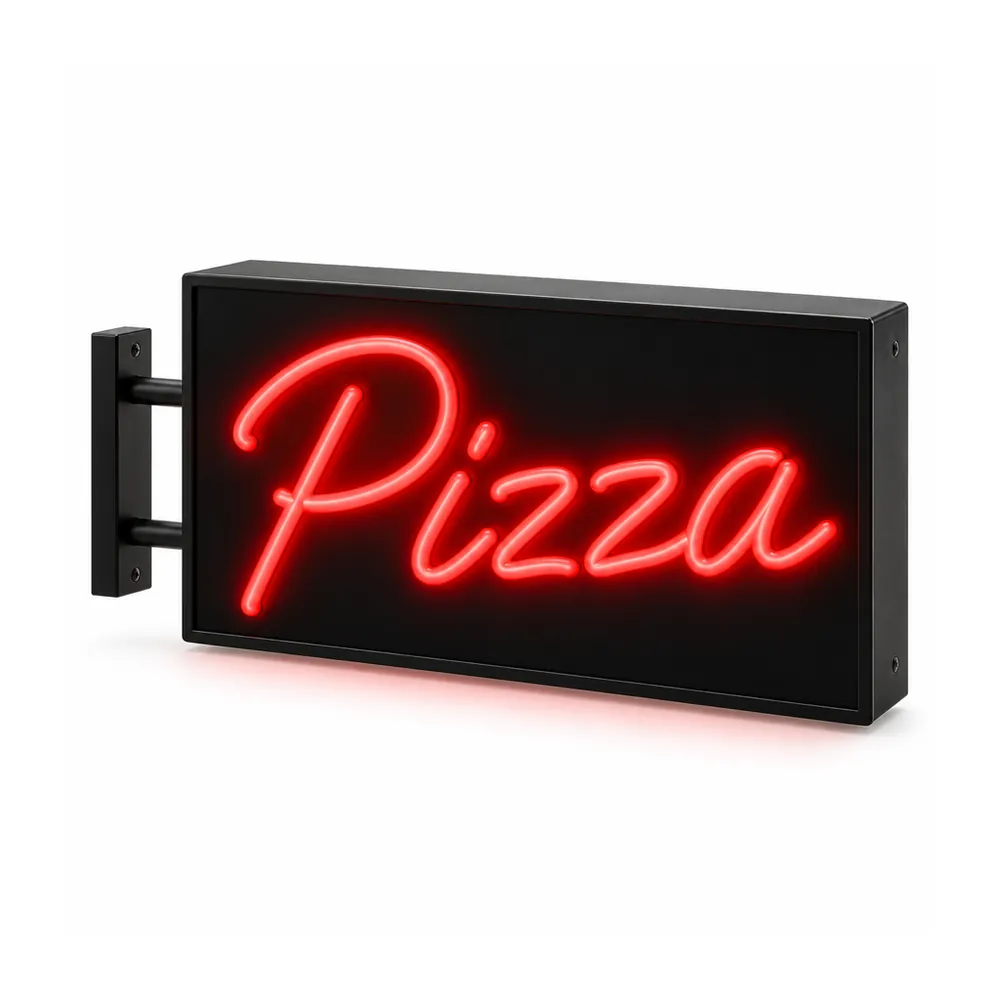 Ejemplo de caja de luz: caja negra de doble cara con “Pizza” en cursiva roja estilo neón, en un soporte lateral, sobre fondo blanco