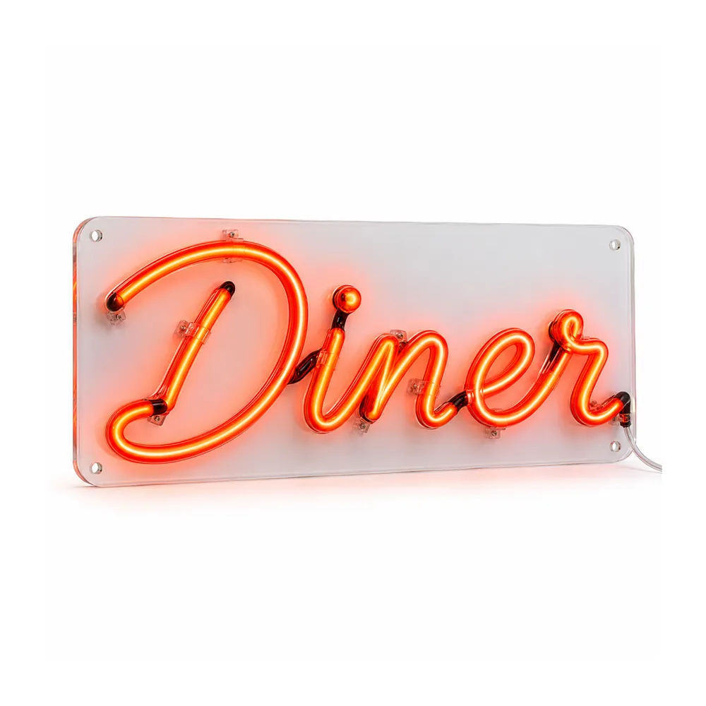 Real glass neon sign example: “Diner” in red-orange hand-bent glass tube with black-painted jumps, on a clear panel, on a white background