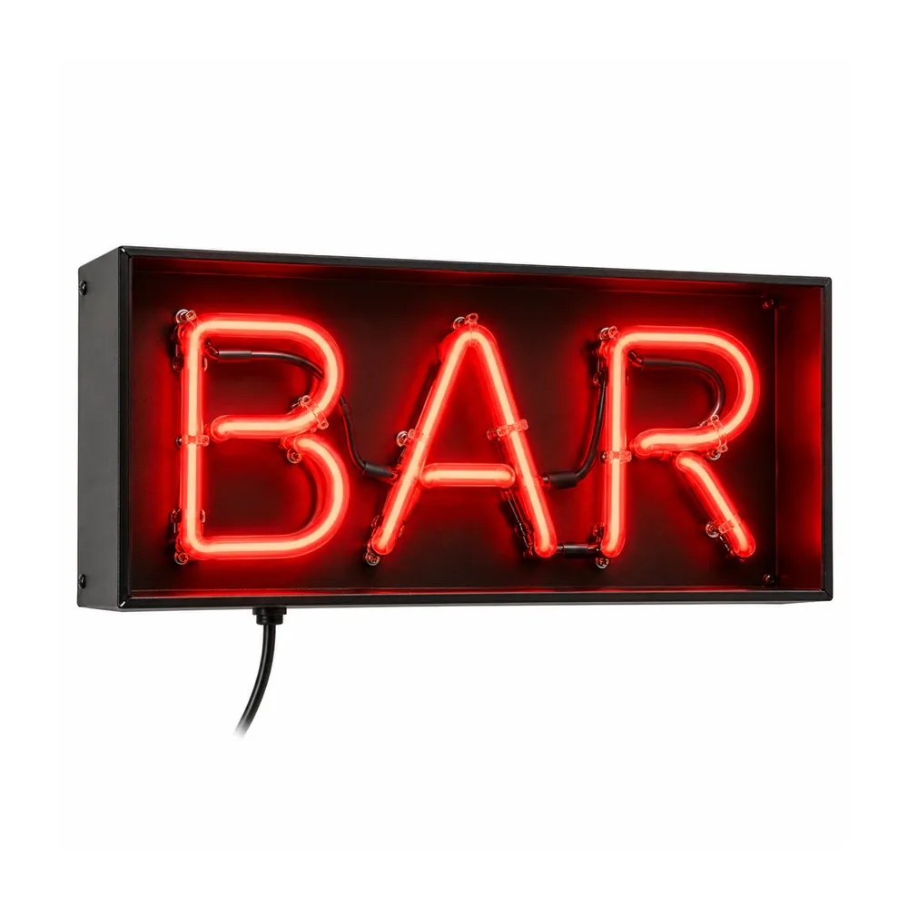 Glass neon box sign example: “BAR” in red glass neon letters inside an open-front black steel box, on a white background
