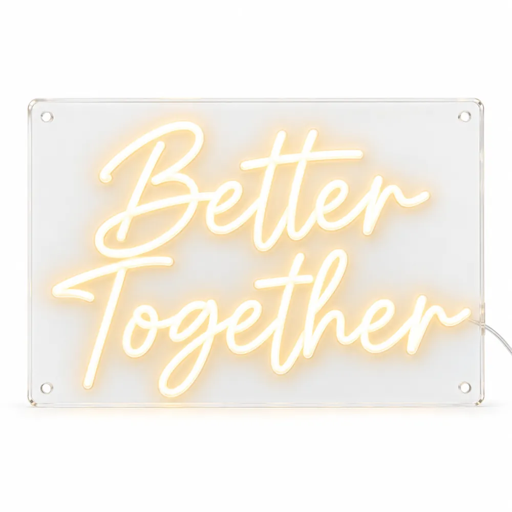 Better Together LED neon sign in warm white script on two lines, lit, on a white background, on a white background
