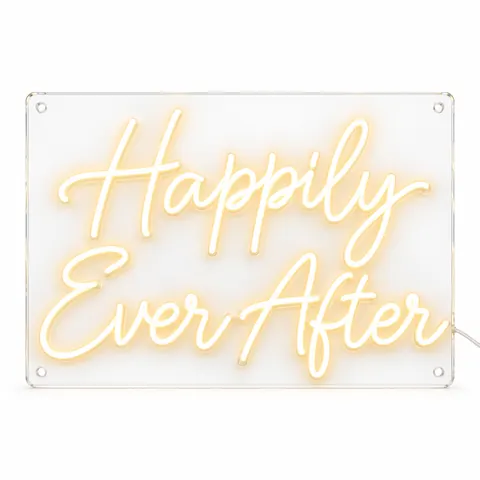 Happily Ever After LED neon sign in warm white script on two lines, lit, on a white background, on a white background