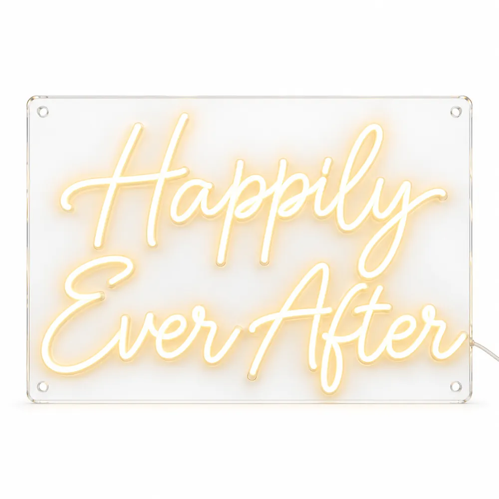 Happily Ever After LED neon sign in warm white script on two lines, lit, on a white background, on a white background
