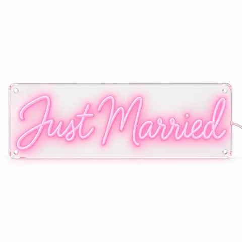 Just Married LED neon sign in soft pink script on one line, lit, on a white background, on a white background