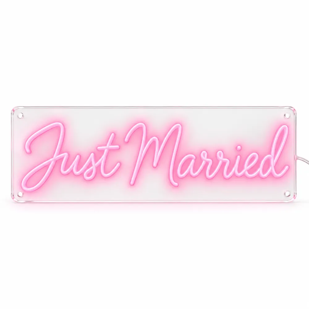 Just Married LED neon sign in soft pink script on one line, lit, on a white background, on a white background