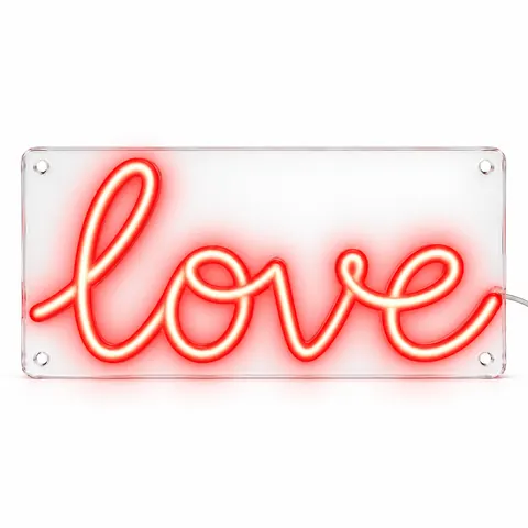The word love as a red lowercase script LED neon sign, lit, on a white background, on a white background