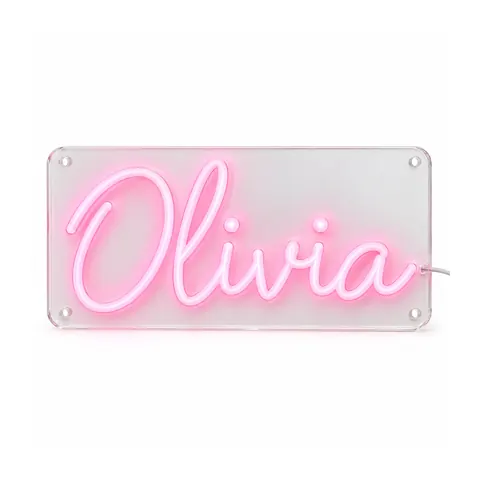 Name neon sign example: “Olivia” in soft pink LED neon script on a clear acrylic rectangle, lit, on a white background