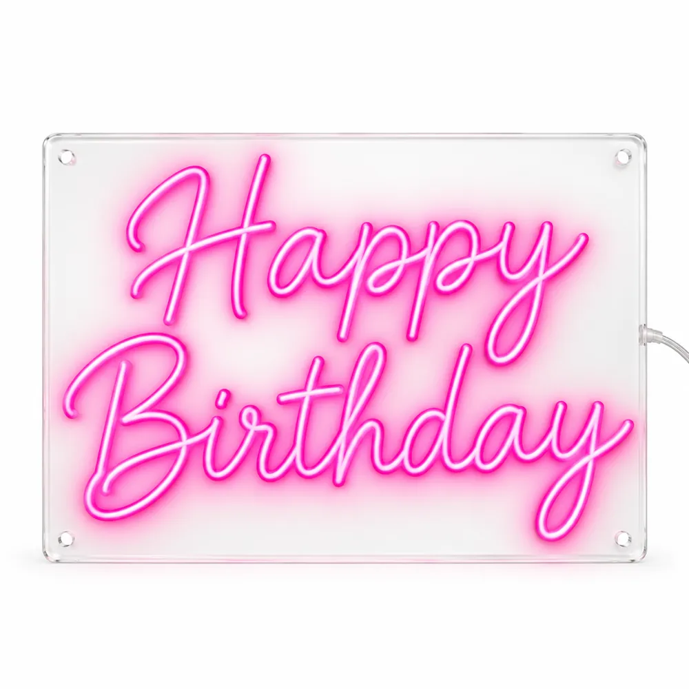 Happy Birthday LED neon sign in hot pink script on two lines, lit, on a white background, on a white background
