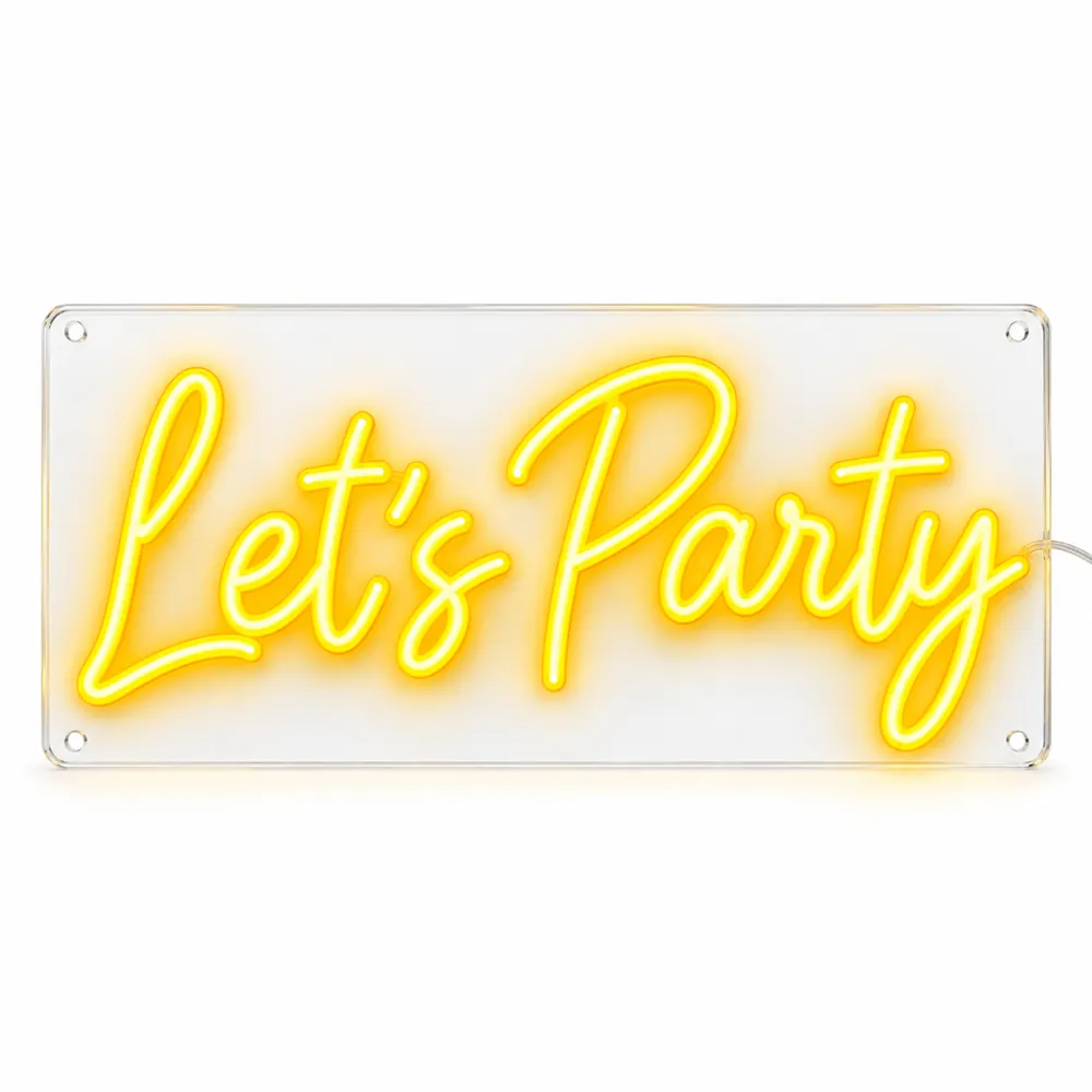 Let's Party LED neon sign in golden yellow script, lit, on a white background, on a white background
