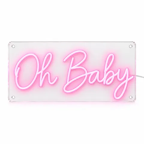 Oh Baby LED neon sign in light pink rounded script, lit, on a white background, on a white background