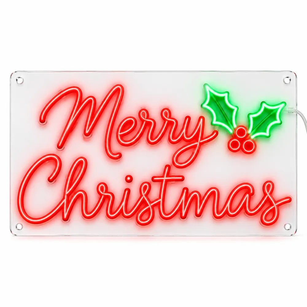 Merry Christmas LED neon sign in red script on two lines with a green holly sprig, lit, on a white background, on a white background