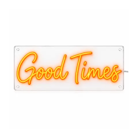 Letrero de neón LED Good Times en cursiva retro naranja en una línea, encendido sobre fondo blanco, sobre fondo blanco