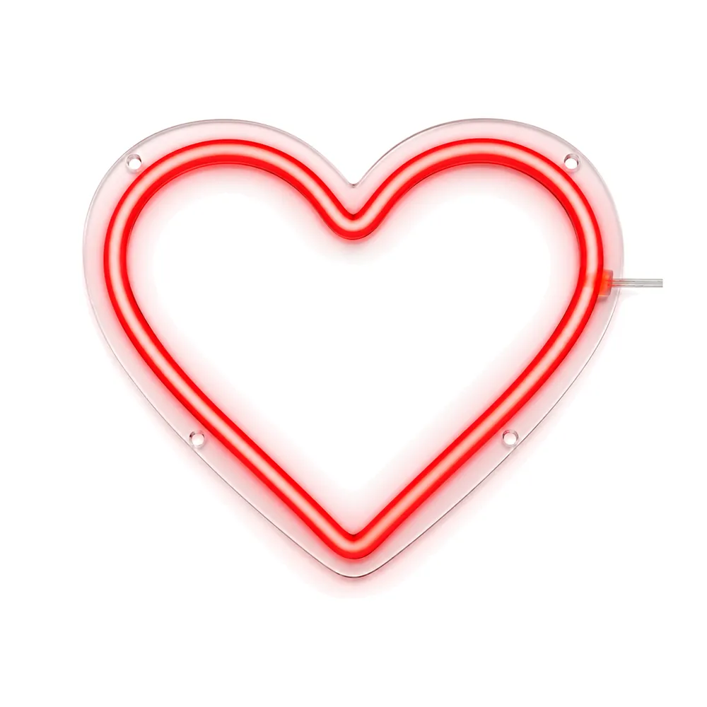 Red heart outline LED neon sign on a heart-shaped clear acrylic board, lit, on a white background, on a white background