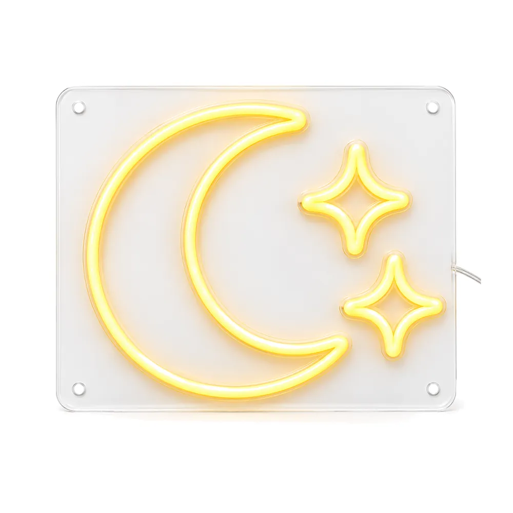 Letrero de neón LED de luna creciente amarilla con dos estrellas, placa transparente, encendido sobre fondo blanco, sobre fondo blanco