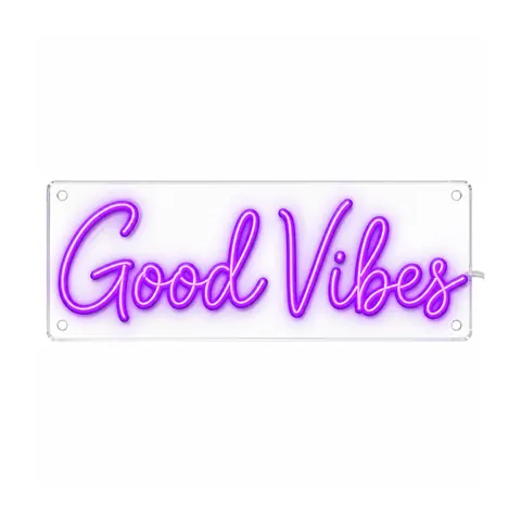 Good Vibes LED neon sign in purple script on one line, lit, on a white background, on a white background
