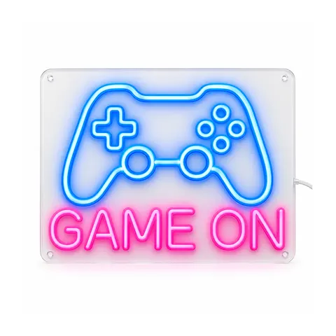 Letrero de neón LED Game On: control de videojuegos azul sobre GAME ON en letras rosas, encendido, fondo blanco, sobre fondo blanco