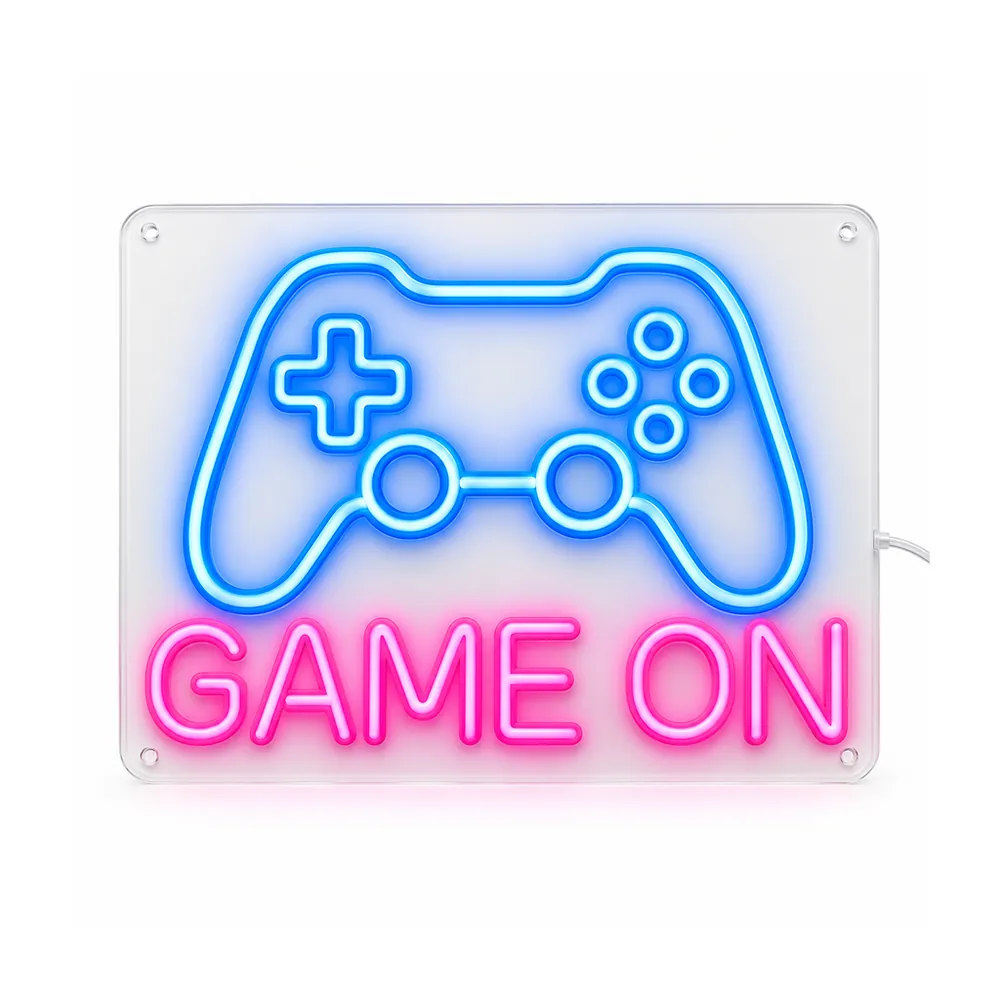 Game On LED neon sign: blue game controller outline above GAME ON in pink block letters, lit, on a white background, on a white background