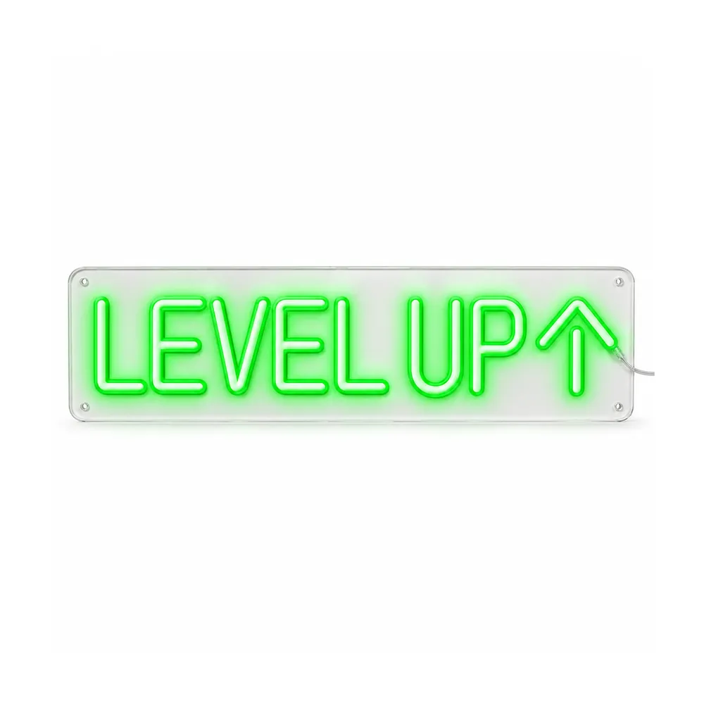 Level Up LED neon sign in green rounded block letters with an arrow, lit, on a white background, on a white background