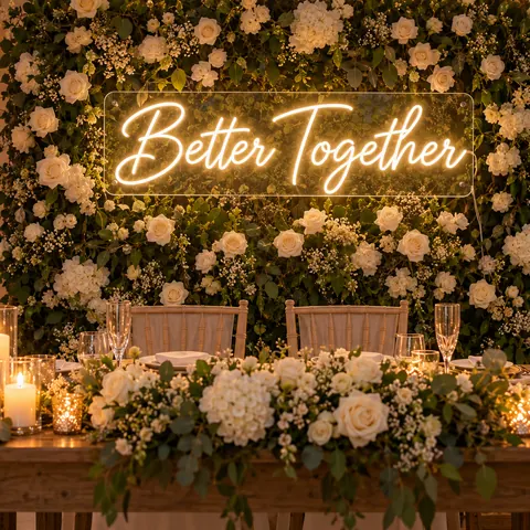 Wedding backdrop of white roses and greenery with a warm white “Better Together” neon sign behind a sweetheart table