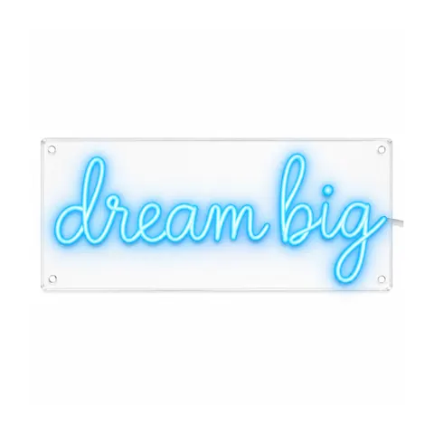 Letrero de neón LED dream big en cursiva minúscula azul claro, encendido sobre fondo blanco, sobre fondo blanco