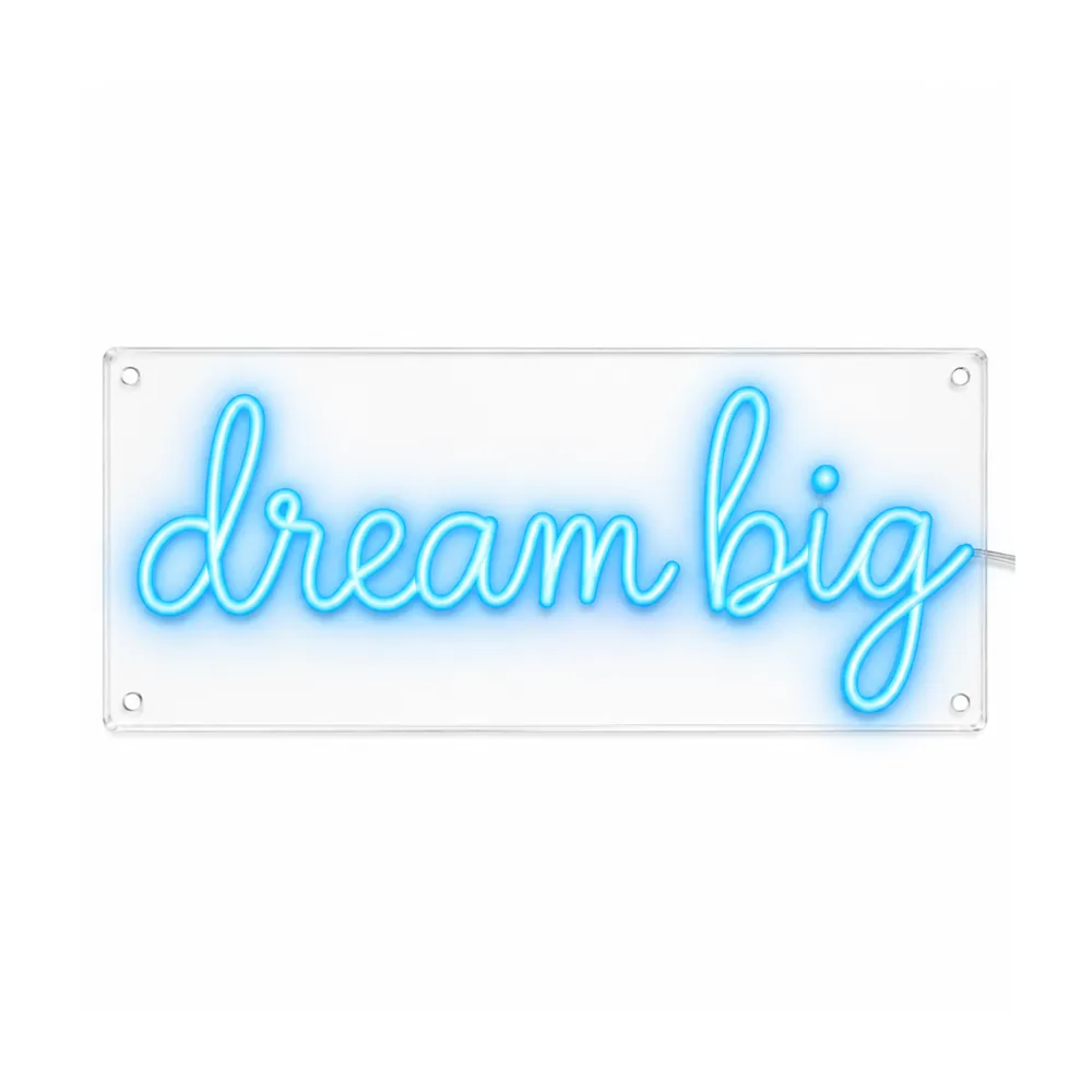 Dream big LED neon sign in light blue lowercase script, lit, on a white background, on a white background