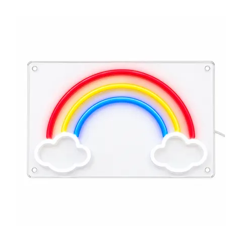 Letrero de neón LED de arcoíris con arcos rojo, amarillo y azul y una nube blanca a cada lado, encendido, fondo blanco, sobre fondo blanco