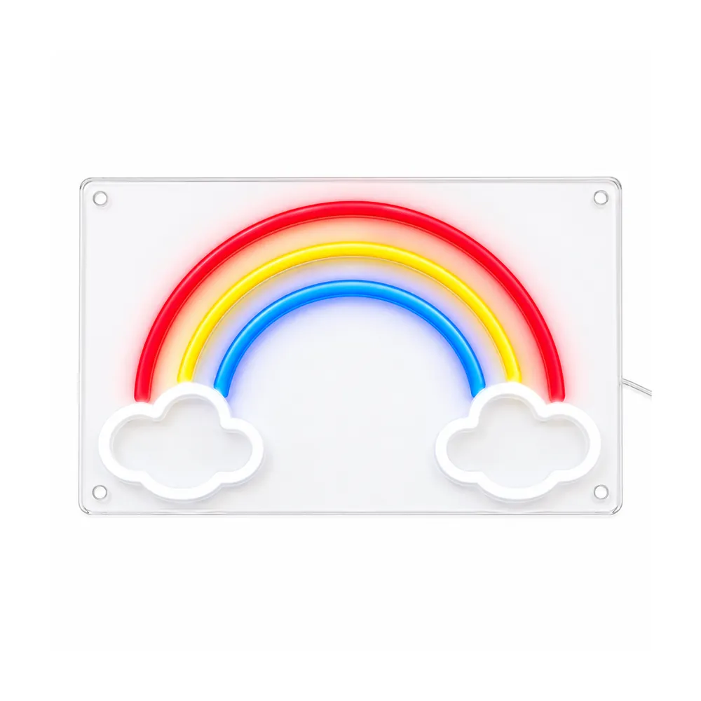 Rainbow LED neon sign with red, yellow and blue arcs and a white cloud at each end, lit, on a white background, on a white background