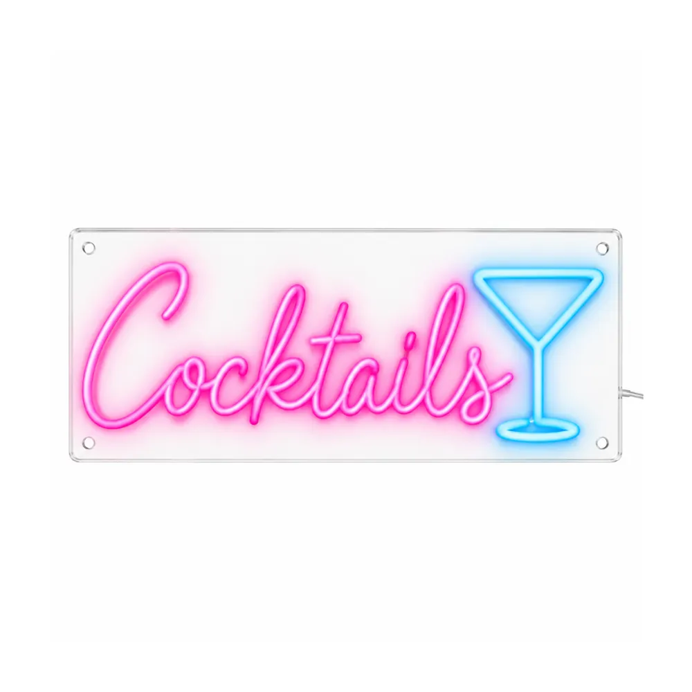 Cocktails LED neon sign in pink script with an ice-blue martini glass outline, lit, on a white background, on a white background