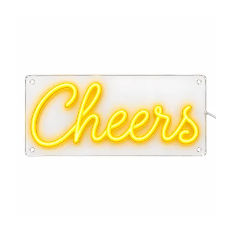 Cheers LED neon sign in golden yellow script, lit, on a white background, on a white background