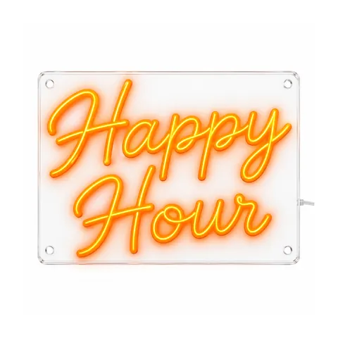 Happy Hour LED neon sign in orange script on two lines, lit, on a white background, on a white background