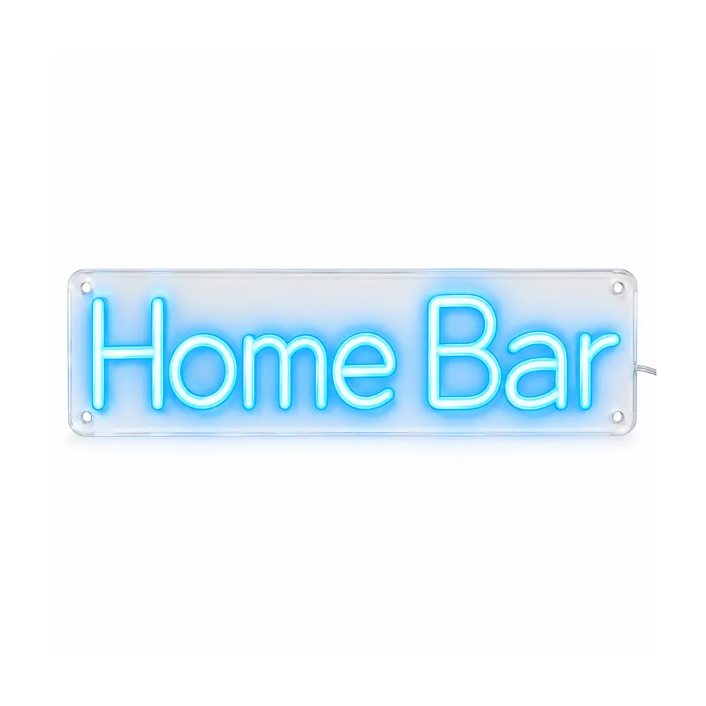 Home Bar LED neon sign in ice-blue rounded block letters on a clear rectangle board, lit, on a white background, on a white background