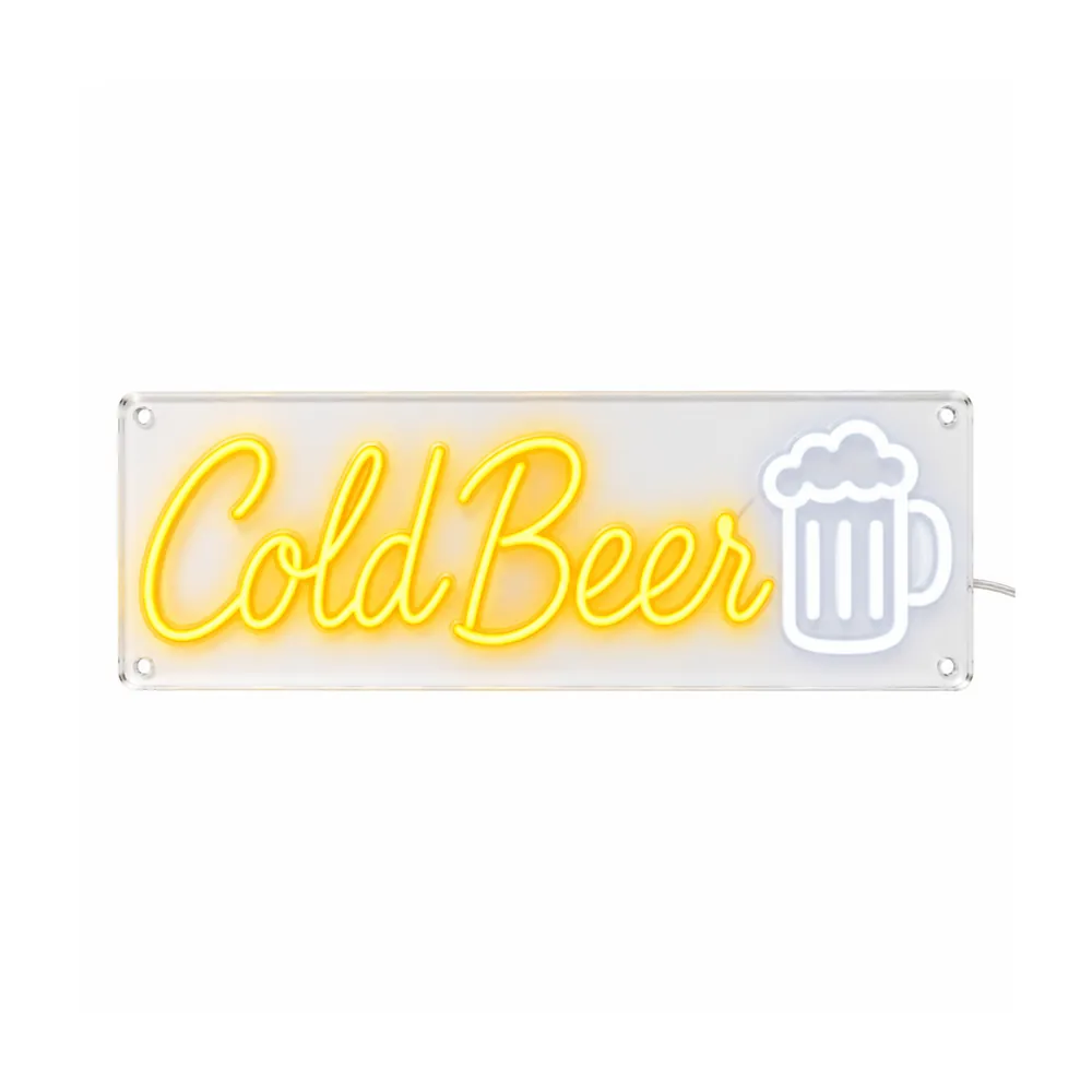 Cold Beer LED neon sign in golden yellow script with a white beer mug outline, lit, on a white background, on a white background