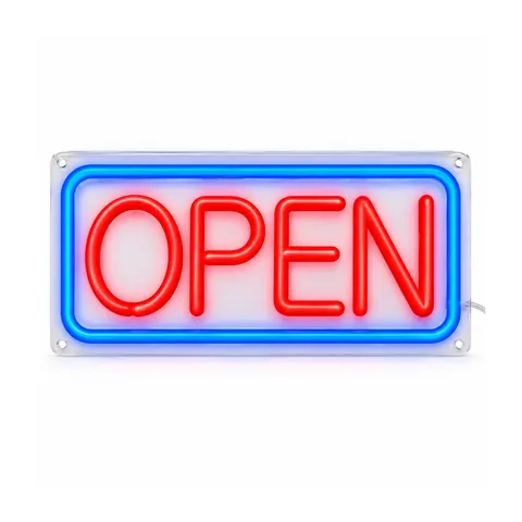 OPEN LED neon sign in red block letters inside a blue rounded border on a clear rectangle, lit, on a white background, on a white background