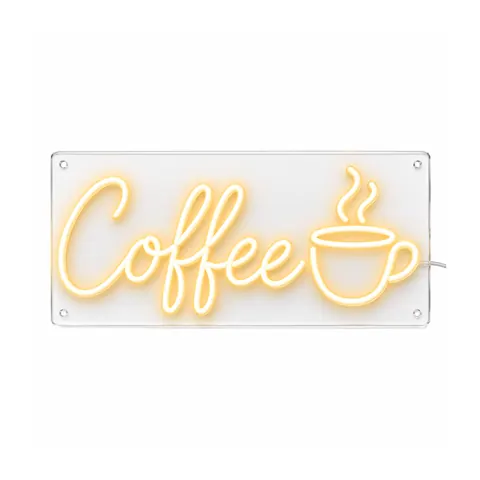 Coffee LED neon sign in warm white script with a steaming coffee cup, lit, on a white background, on a white background