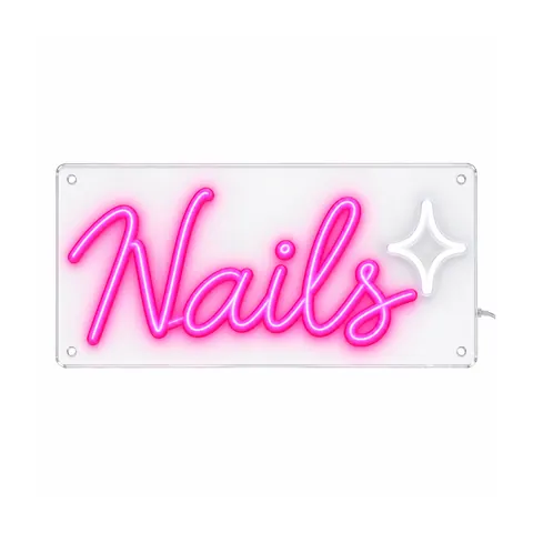 Nails LED neon sign in hot pink script with a small sparkle, lit, on a white background, on a white background