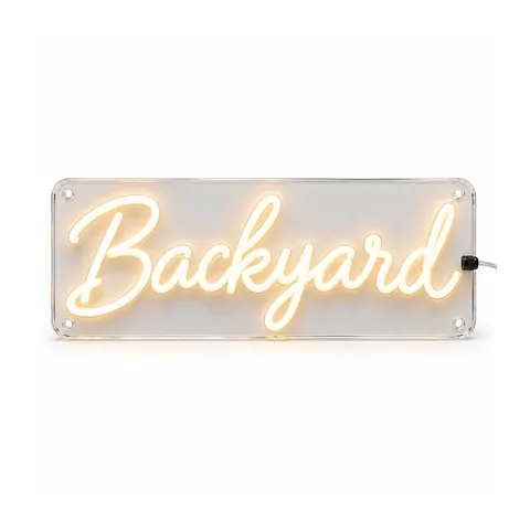 Outdoor neon sign example: “Backyard” in warm white LED neon script on a clear acrylic rectangle with a sealed cable, on a white background