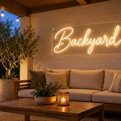 Covered backyard patio at dusk with a warm white “Backyard” neon sign on a painted brick wall