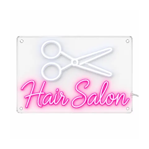 Hair Salon LED neon sign with white scissors above pink script, lit, on a white background, on a white background