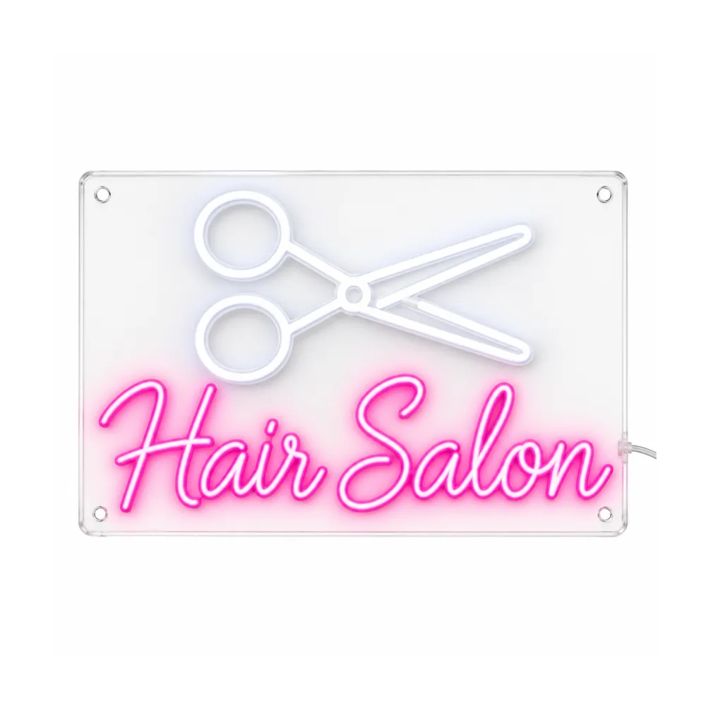 Hair Salon LED neon sign with white scissors above pink script, lit, on a white background, on a white background