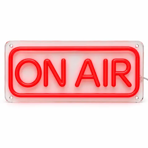 ON AIR LED neon sign in red block letters inside a red rounded border on a clear rectangle, lit, on a white background, on a white background