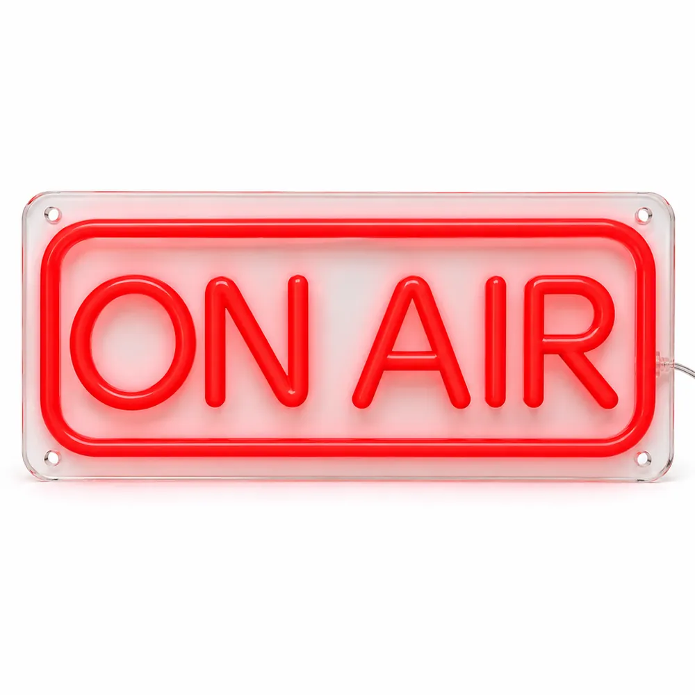 ON AIR LED neon sign in red block letters inside a red rounded border on a clear rectangle, lit, on a white background, on a white background