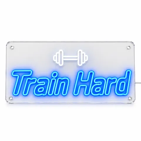 Train Hard LED neon sign in blue bold italic letters with a dumbbell, lit, on a white background, on a white background