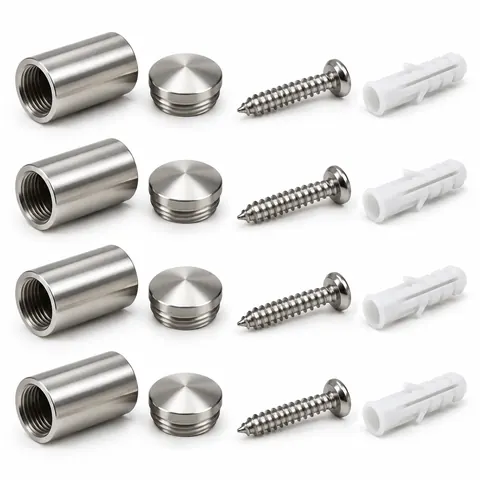 Stainless steel standoff kit: four polished standoffs with caps, wood screws and white wall anchors, on a white background