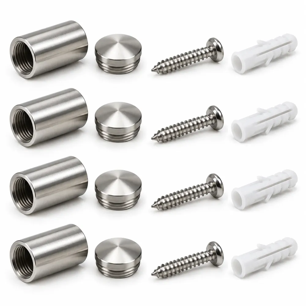 Stainless steel standoff kit: four polished standoffs with caps, wood screws and white wall anchors, on a white background