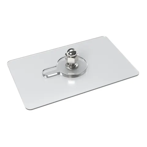 No-drill adhesive mount on its own: clear base plate with a round seat and threaded stud