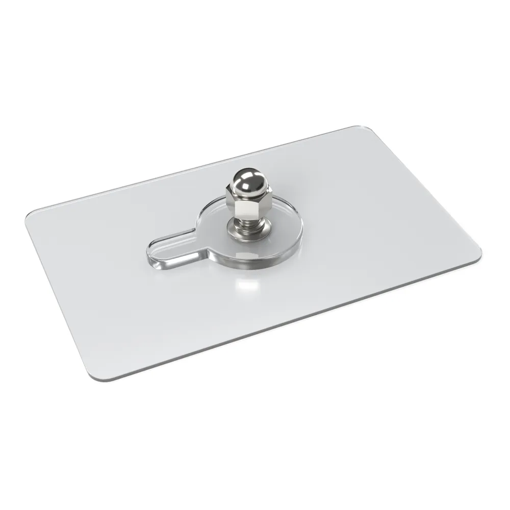 No-drill adhesive mount on its own: clear base plate with a round seat and threaded stud